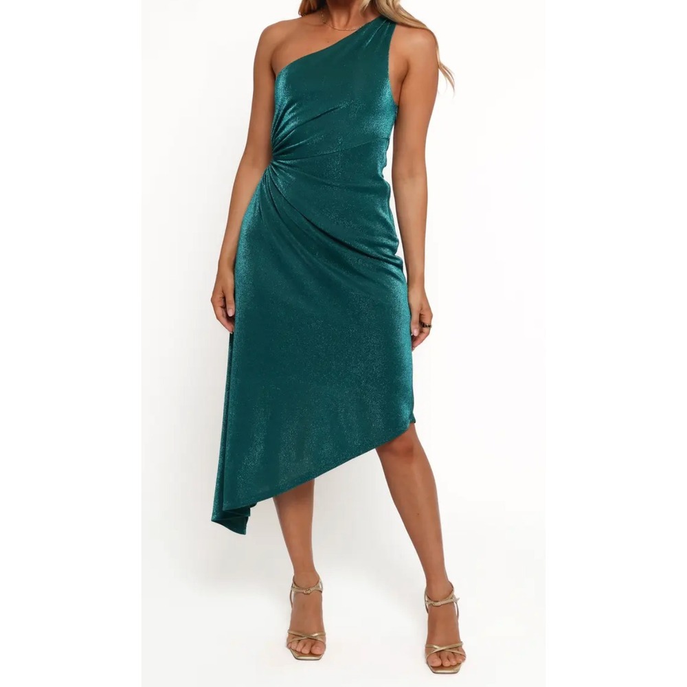 Dress Forum One Shoulder Asymmetrical Ruched Dress Womens Medium‎ Green Sparkle